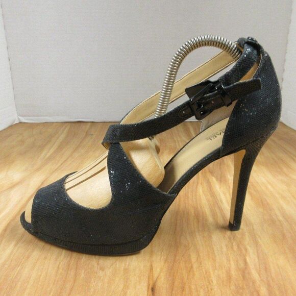 MICHAEL KORS Black Sparkle Strappy Heels Womens Sz 9 Peep Toe Glitter Sandals - Picture 1 of 12